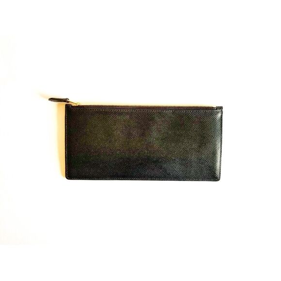 COACH Black Leather Slim Wallet Pouch Bag Clutch Textured Gold Top Zipper - Picture 4 of 7